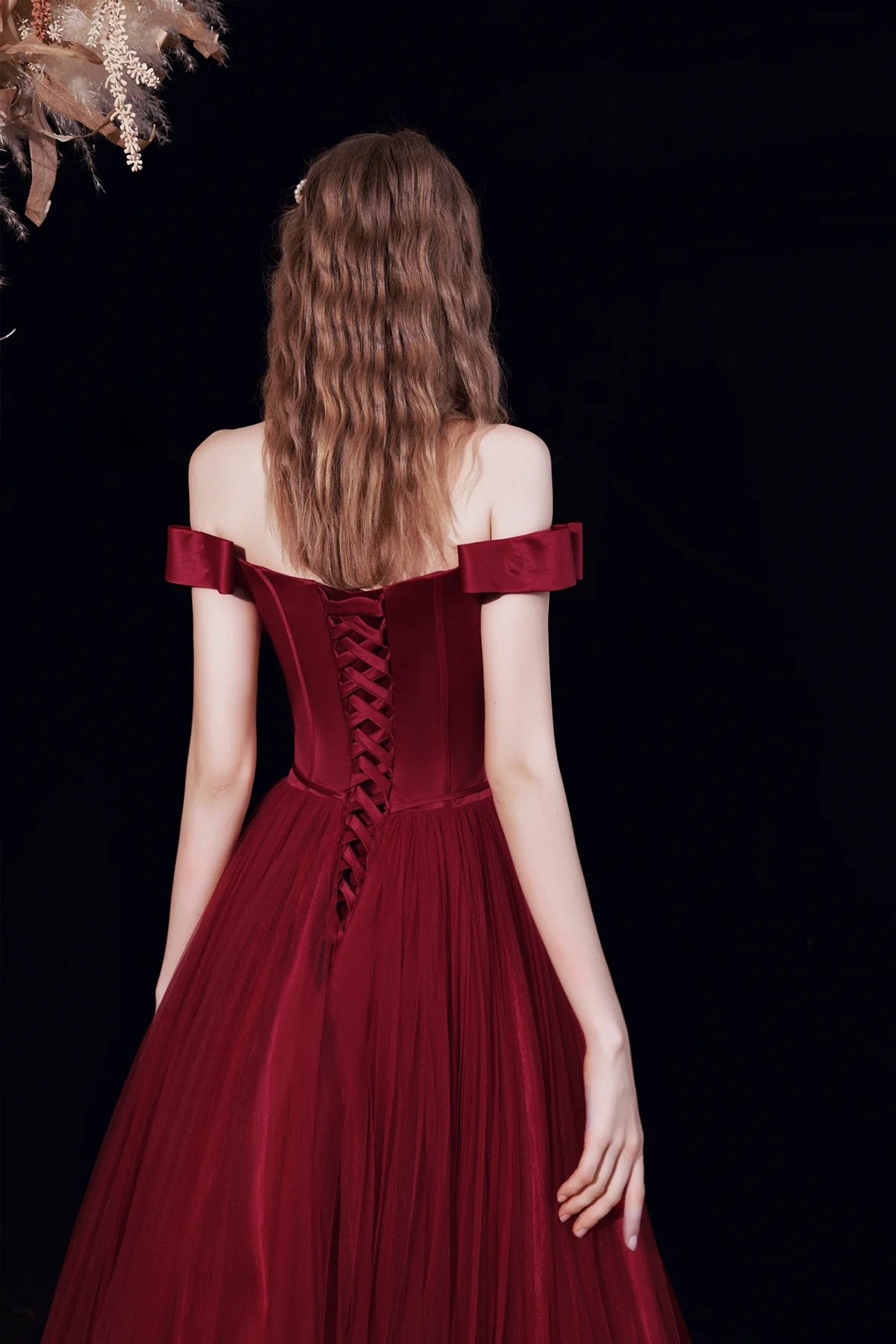A Line Off-the-Shoulder Tulle Burgundy Long Prom Dress Evening Dress