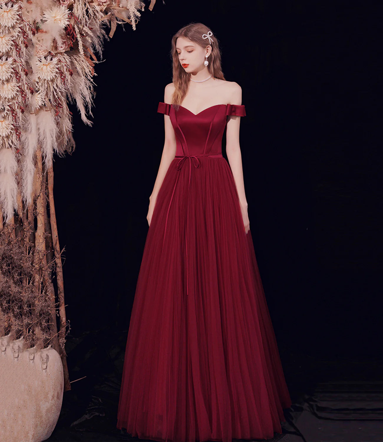 A Line Off-the-Shoulder Tulle Burgundy Long Prom Dress Evening Dress