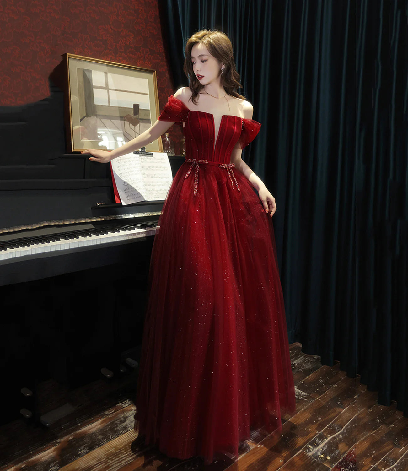 A Line Off-the-Shoulder Tulle Burgundy Long Prom Dress Evening Dress