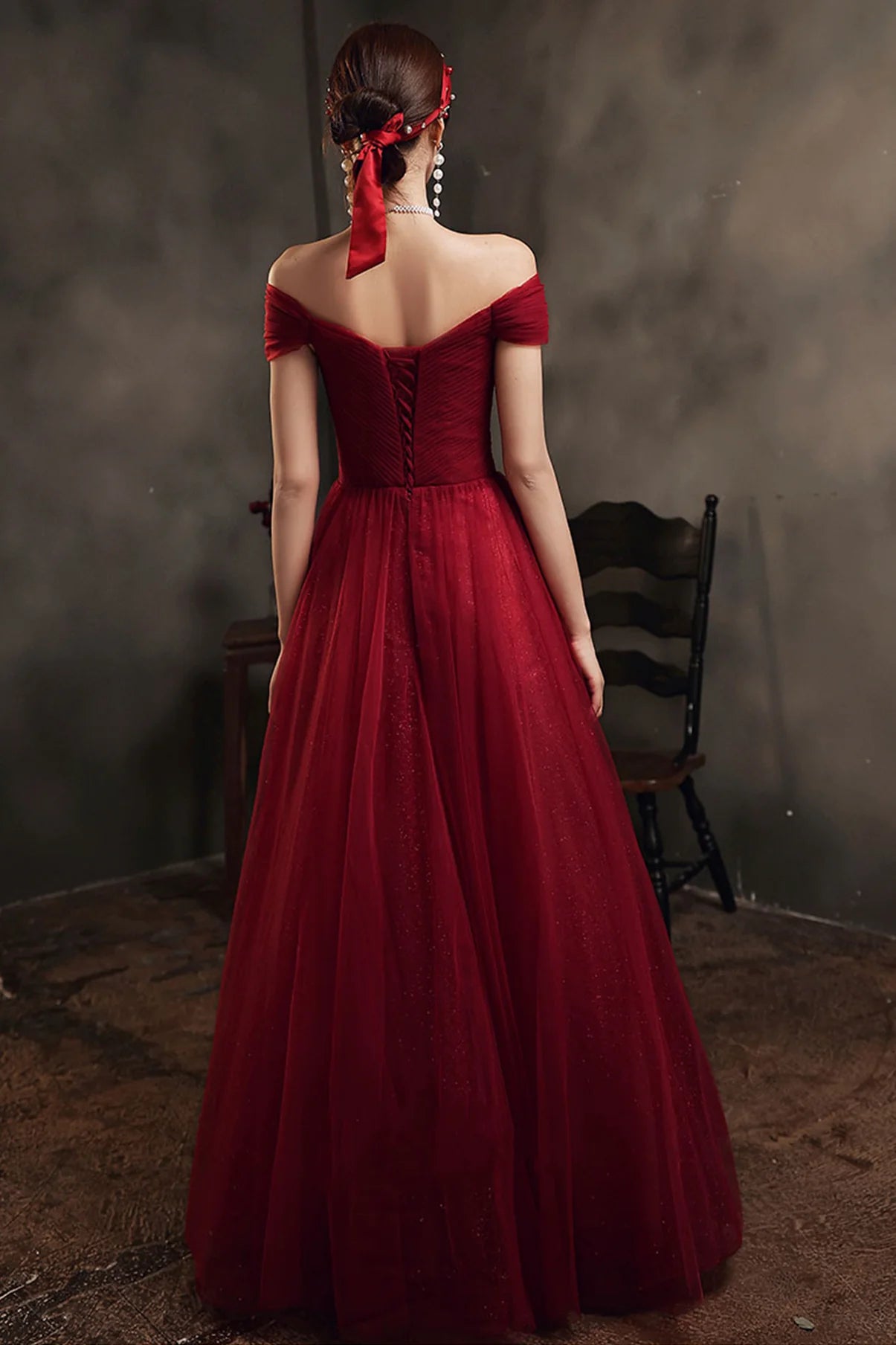 A Line Off-the-Shoulder Tulle Burgundy Long Prom Dress Evening Dress