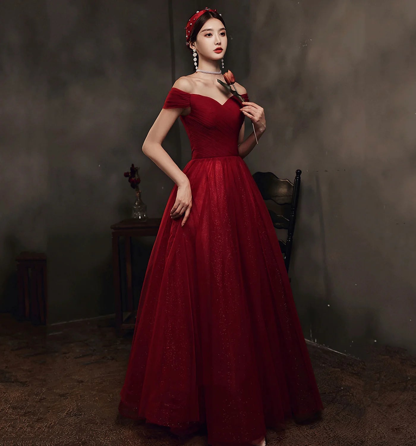 A Line Off-the-Shoulder Tulle Burgundy Long Prom Dress Evening Dress