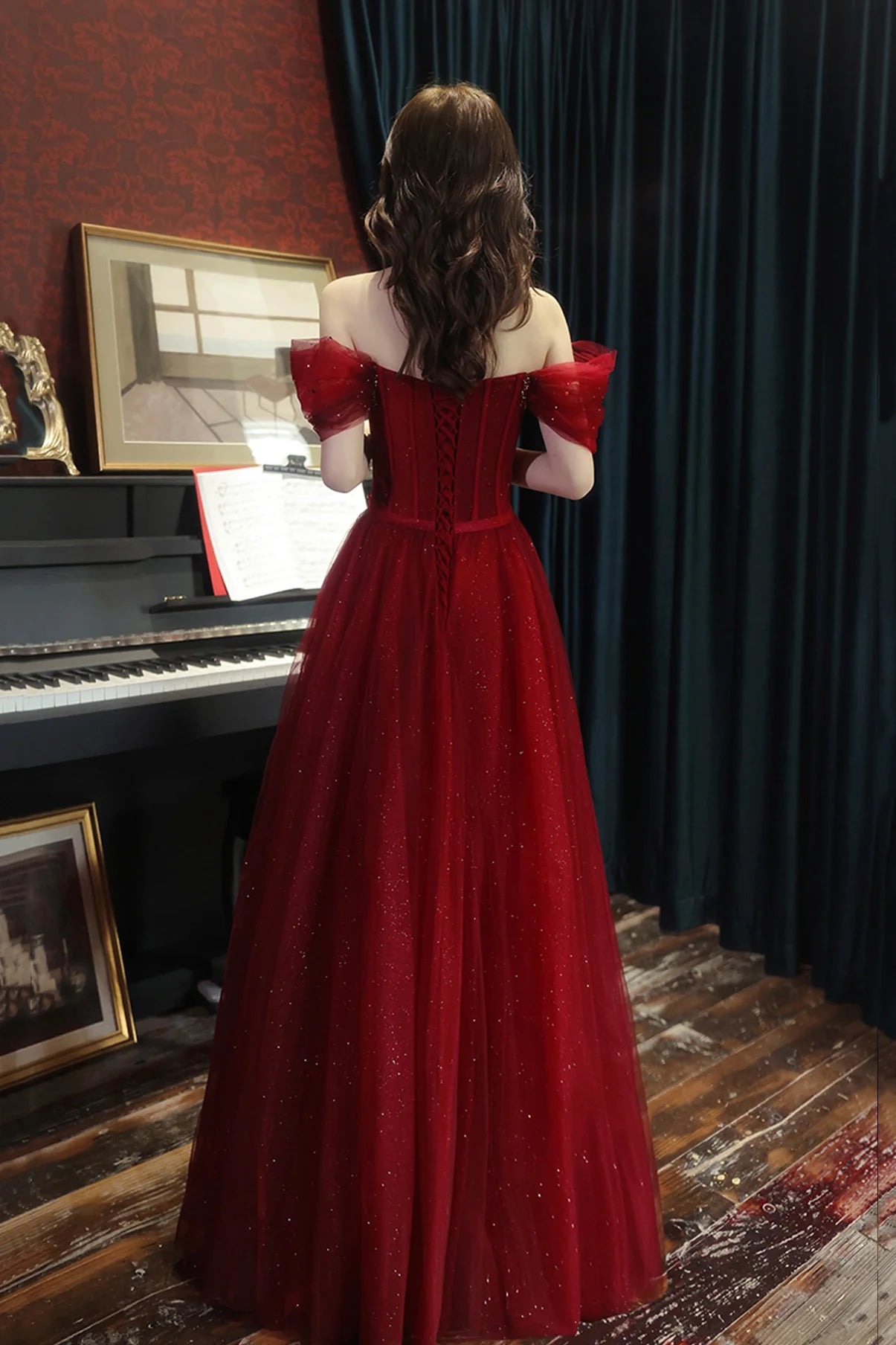 A Line Off-the-Shoulder Tulle Burgundy Long Prom Dress Evening Dress