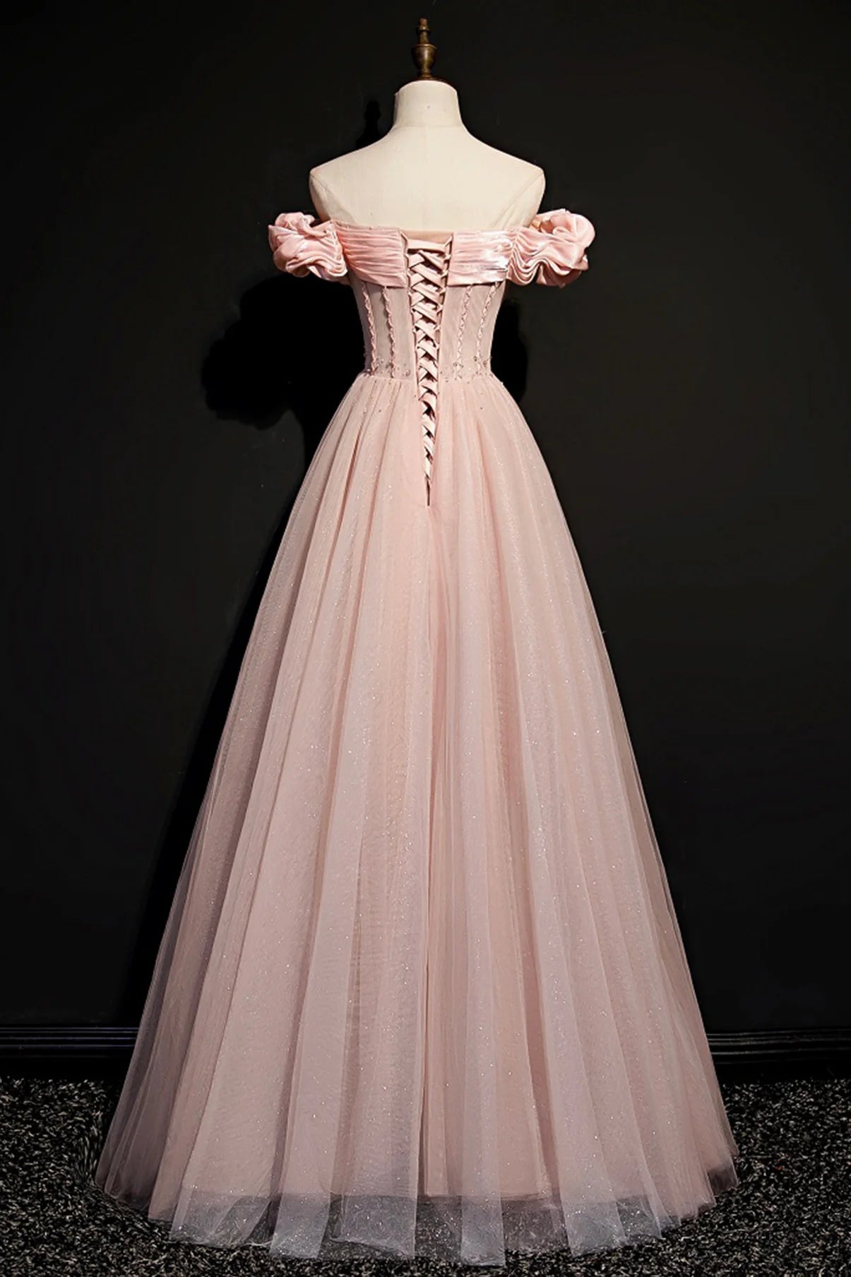 A Line Off-the-Shoulder Tulle Pink Long Prom Dress Evening Dress