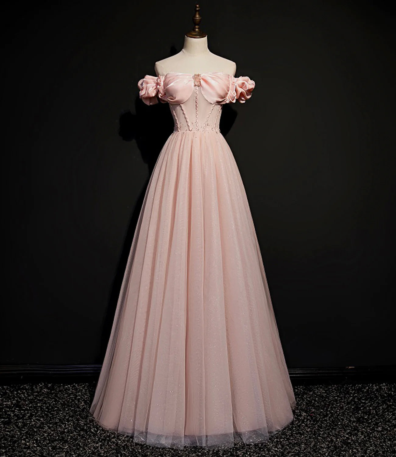 A Line Off-the-Shoulder Tulle Pink Long Prom Dress Evening Dress