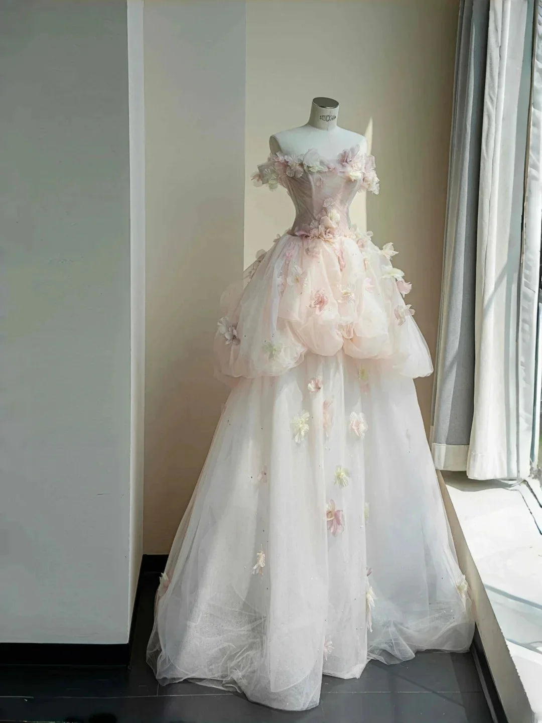 A Line Off Shoulder Applique Tulle Pink Long Prom Dress With Bubble Hem