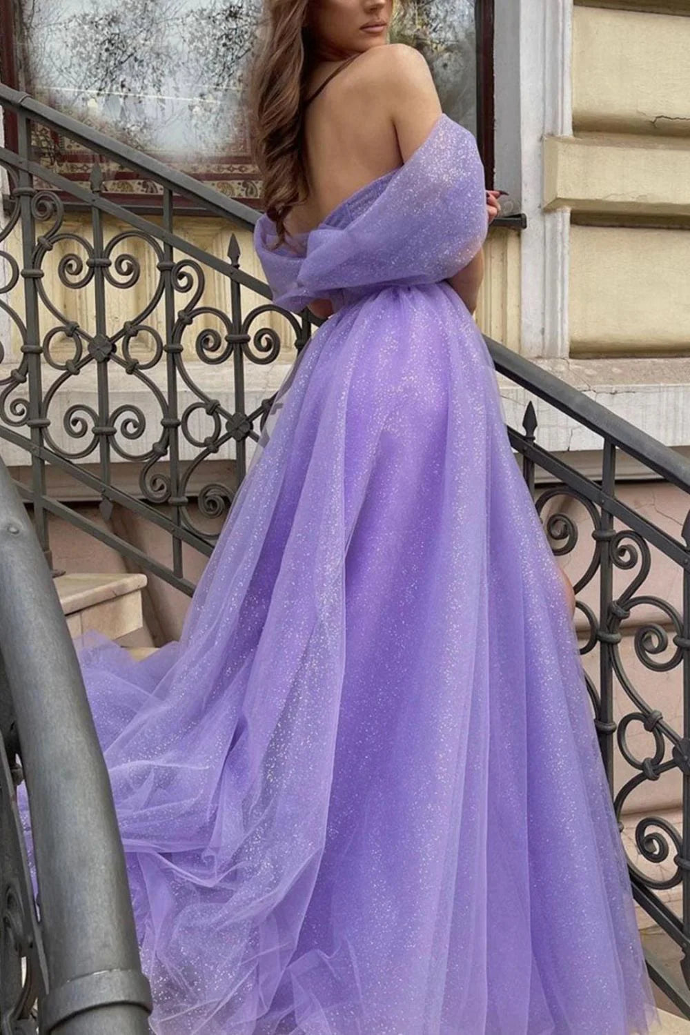 A Line Off Shoulder Corset Purple Floor Length Prom Dress With Slit