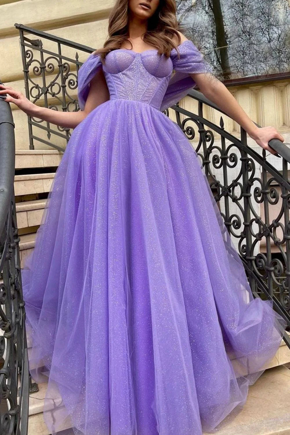 A Line Off Shoulder Corset Purple Floor Length Prom Dress With Slit