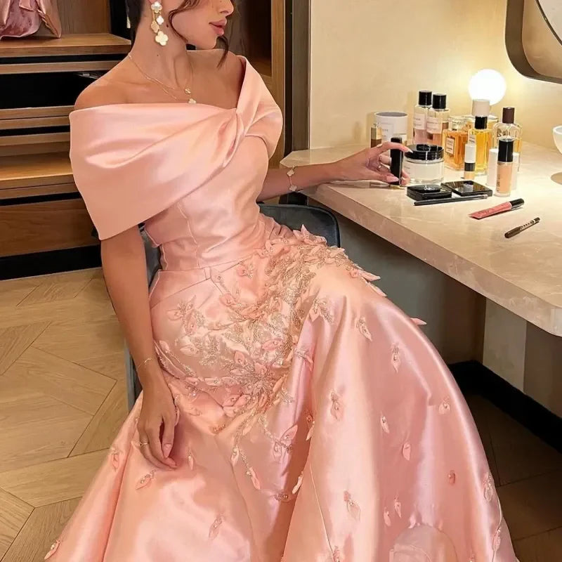 A Line Off the Shoulder Beaded Satin Pink Floor Length Prom Dress For Women