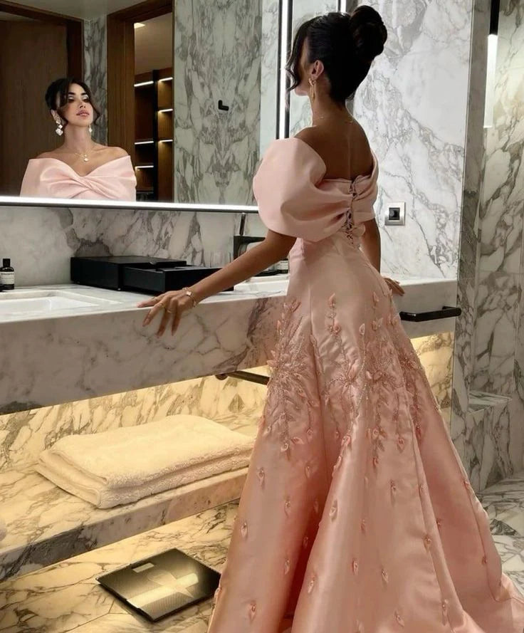 A Line Off the Shoulder Beaded Satin Pink Floor Length Prom Dress For Women