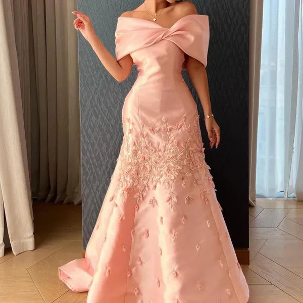 A Line Off the Shoulder Beaded Satin Pink Floor Length Prom Dress For Women