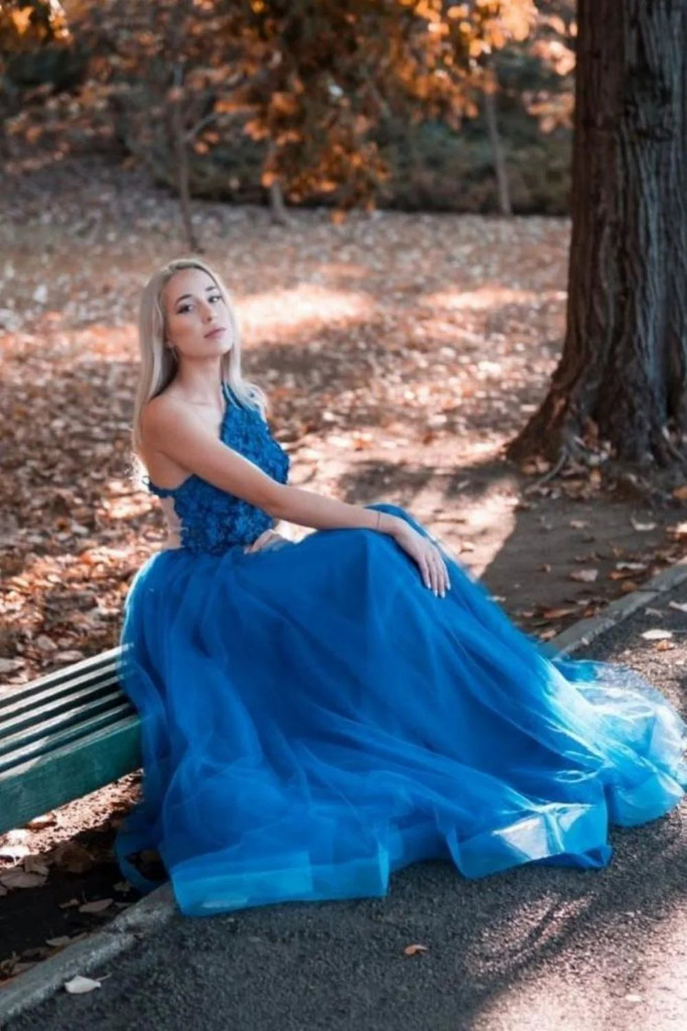 A Line One Shoulder Appliques Royal Blue Floor Length Prom Dress