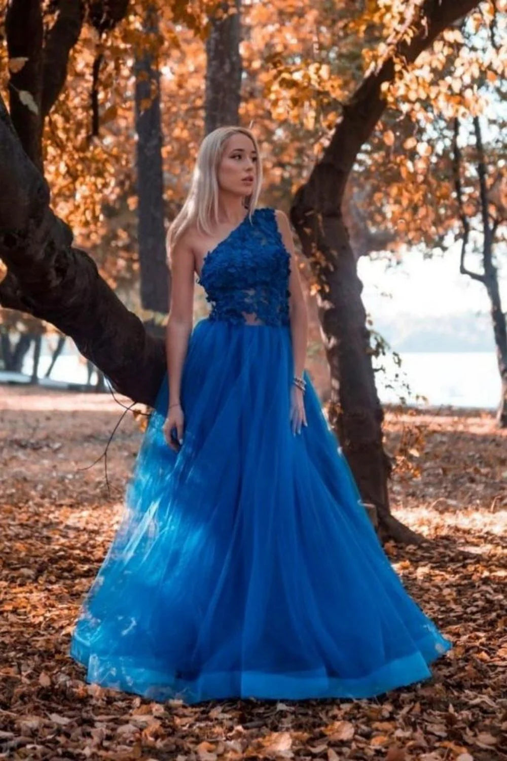 A Line One Shoulder Appliques Royal Blue Floor Length Prom Dress