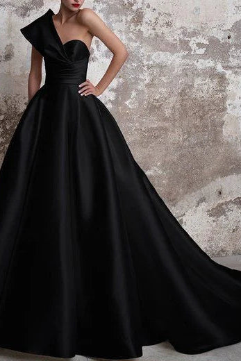 A Line One Shoulder Satin Black Floor Length Prom Dress With Buttons