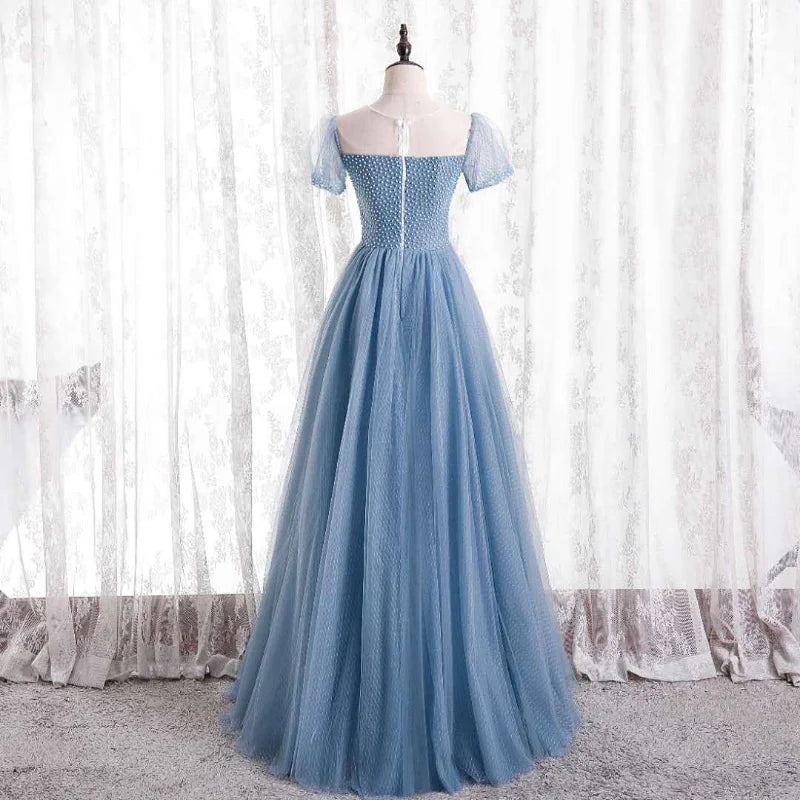 A Line Round Neck Beaded Tulle Blue Long Prom Dress Evening Dress