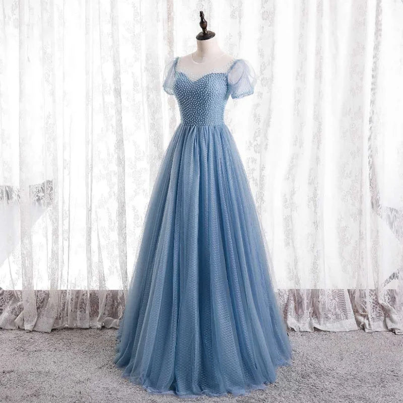 A Line Round Neck Beaded Tulle Blue Long Prom Dress Evening Dress