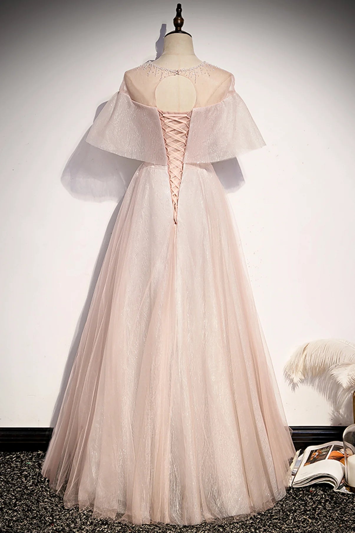 A Line Round Neck Beaded Tulle Pink Long Prom Dress Evening Dress