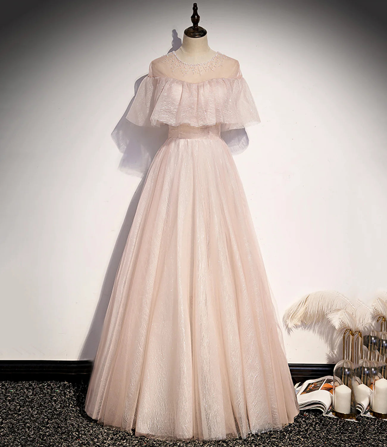 A Line Round Neck Beaded Tulle Pink Long Prom Dress Evening Dress