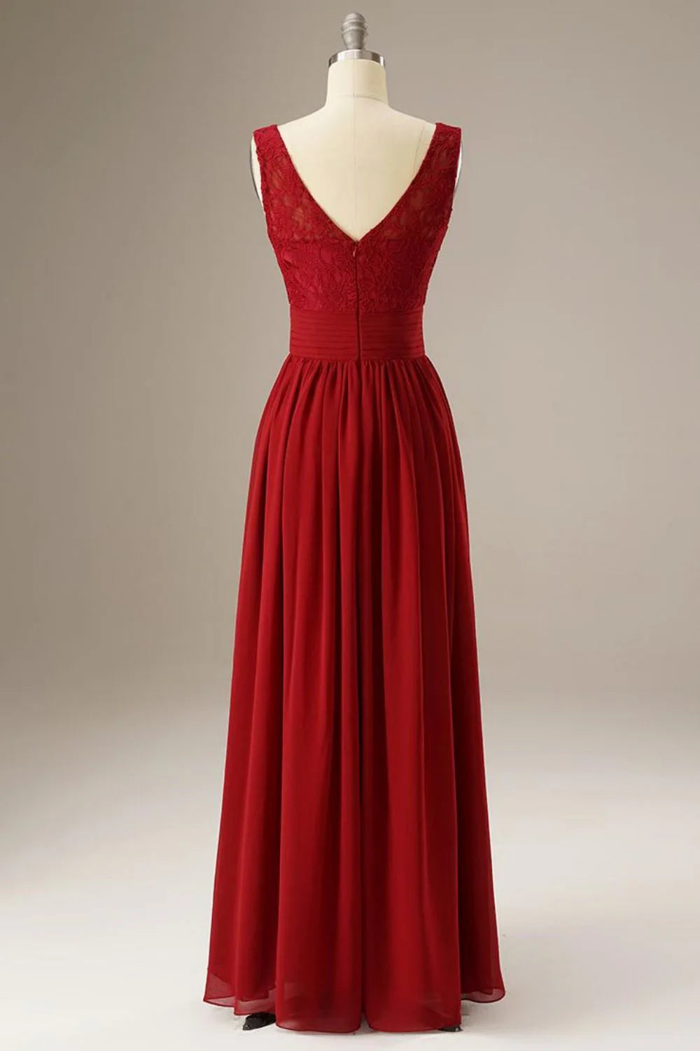 A Line Round Neck Lace Chiffon Red Prom Dress Evening Dress