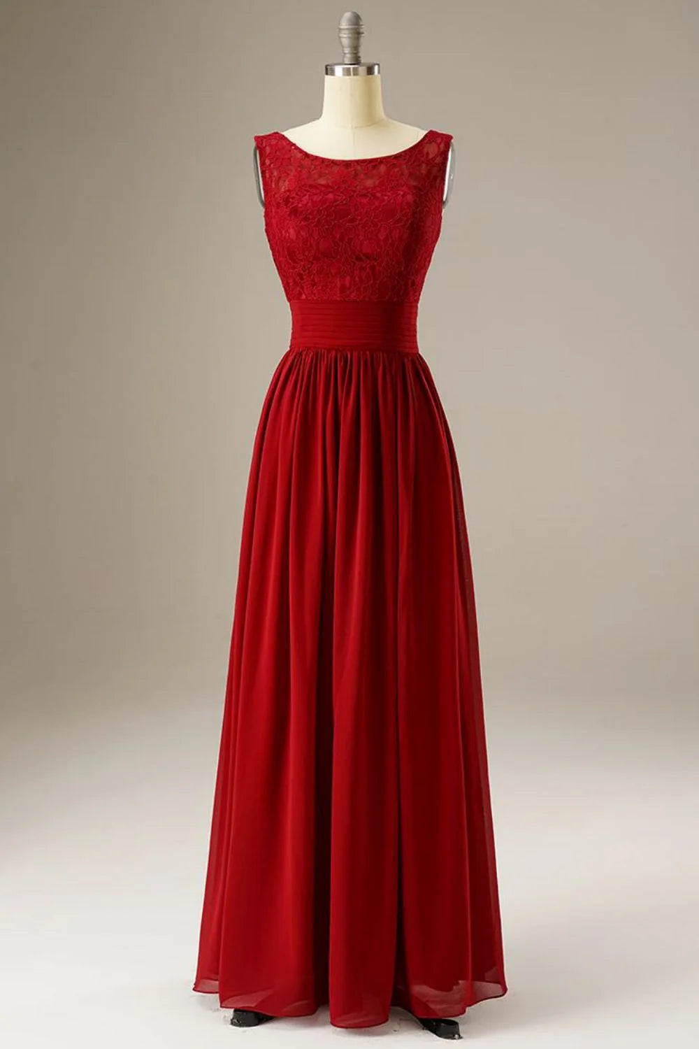 A Line Round Neck Lace Chiffon Red Prom Dress Evening Dress