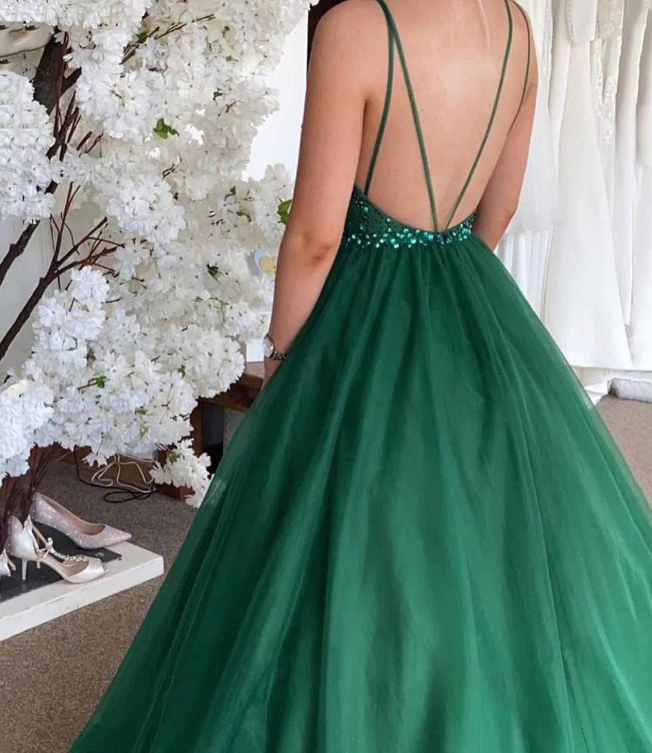 A Line Round Neck Sequins Tulle Green Long Prom Dress Evening Dress