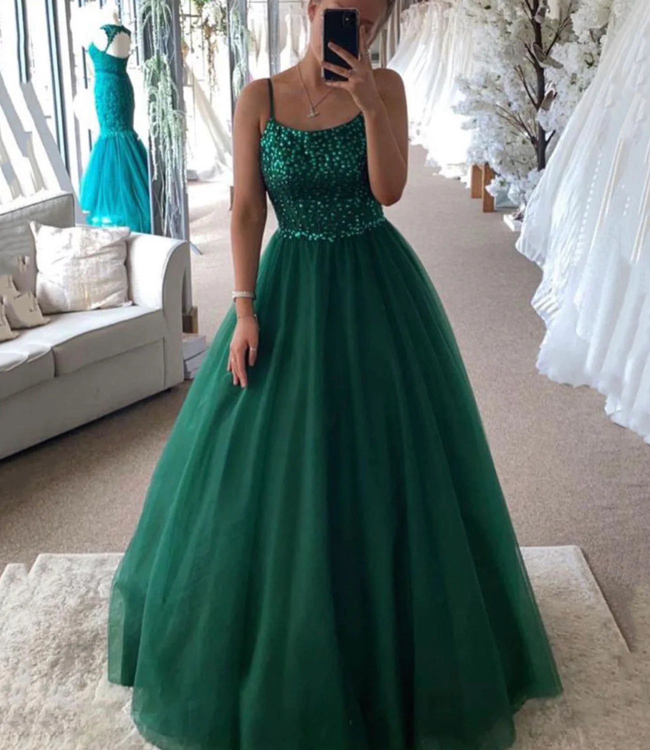 A Line Round Neck Sequins Tulle Green Long Prom Dress Evening Dress