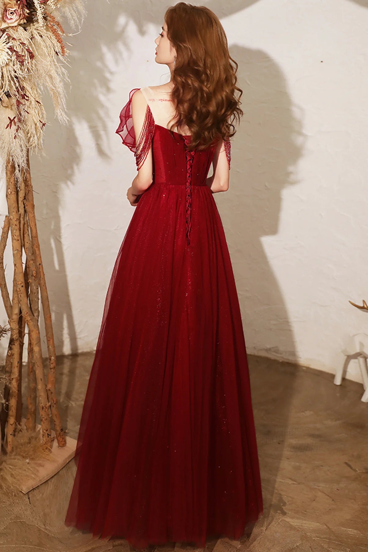 A Line Round Neck Tulle Burgundy Long Prom Dress Evening Dress