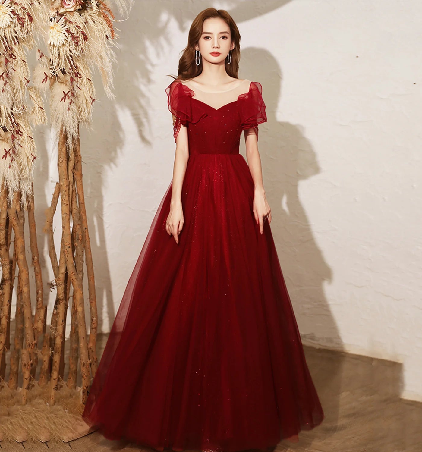 A Line Round Neck Tulle Burgundy Long Prom Dress Evening Dress