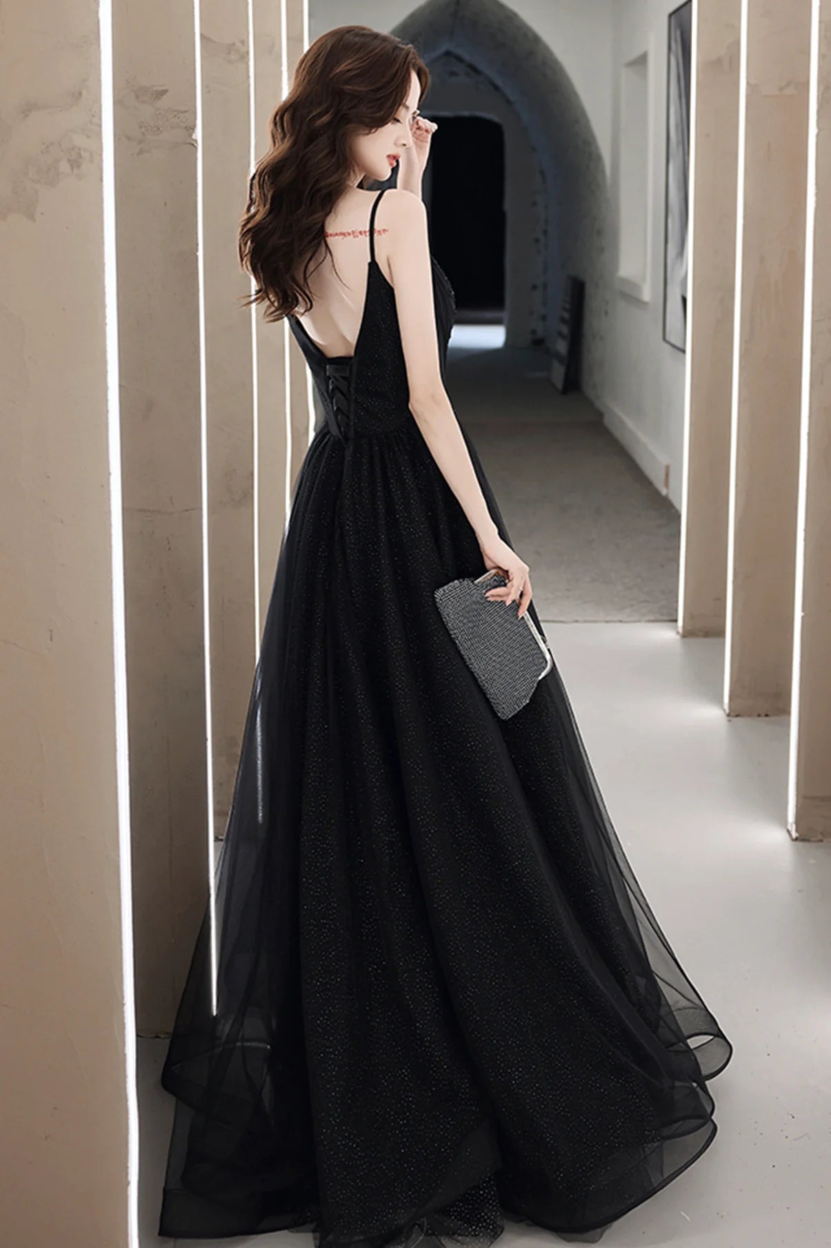 A Line Sequins Applique Tulle Black Long Prom Dress Evening Dress