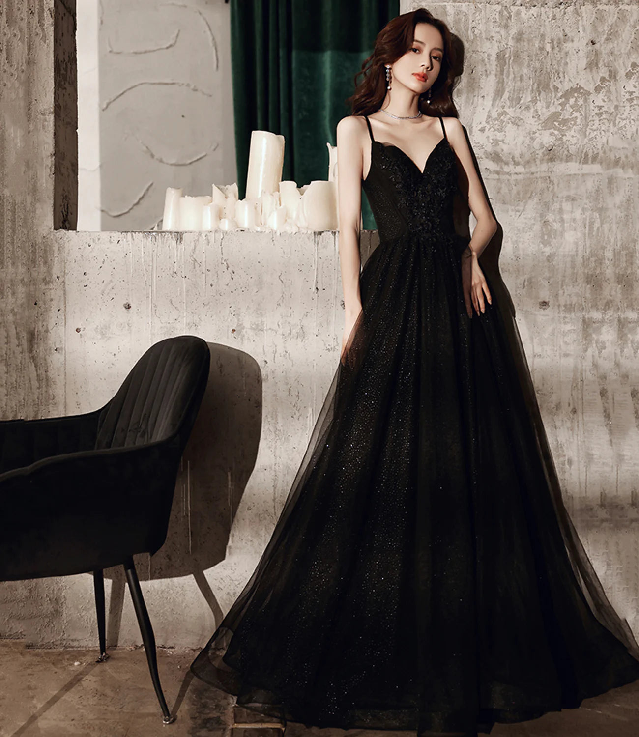 A Line Sequins Applique Tulle Black Long Prom Dress Evening Dress