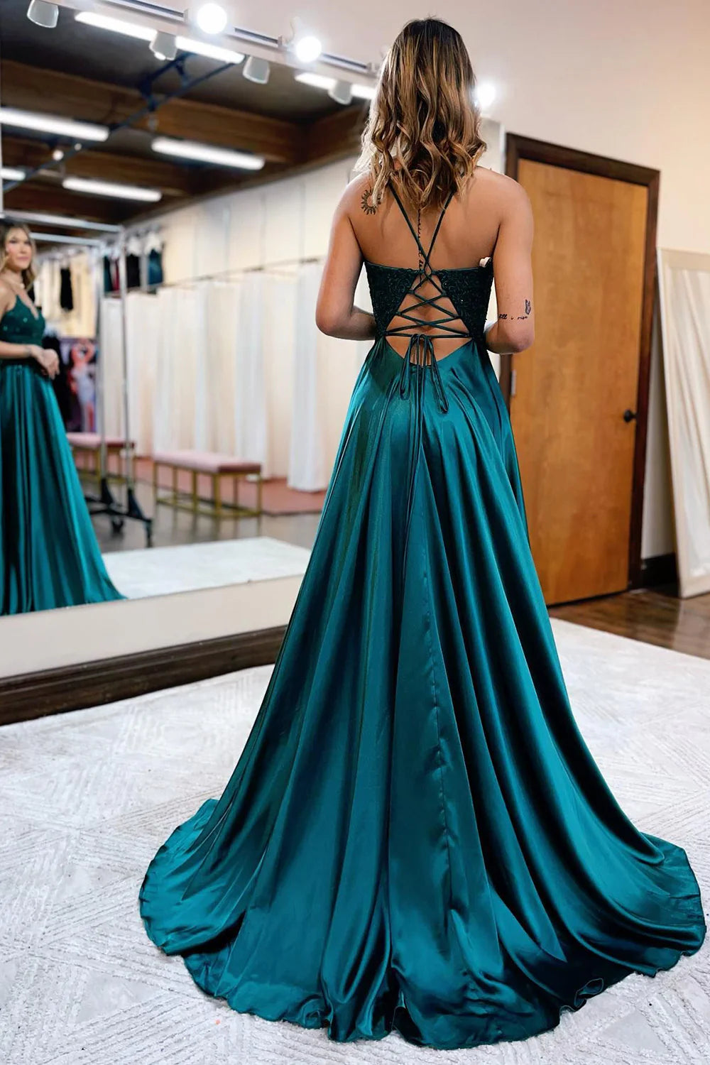 A Line Spaghetti Straps Appliques Green Long Prom Dress Wtih Slit