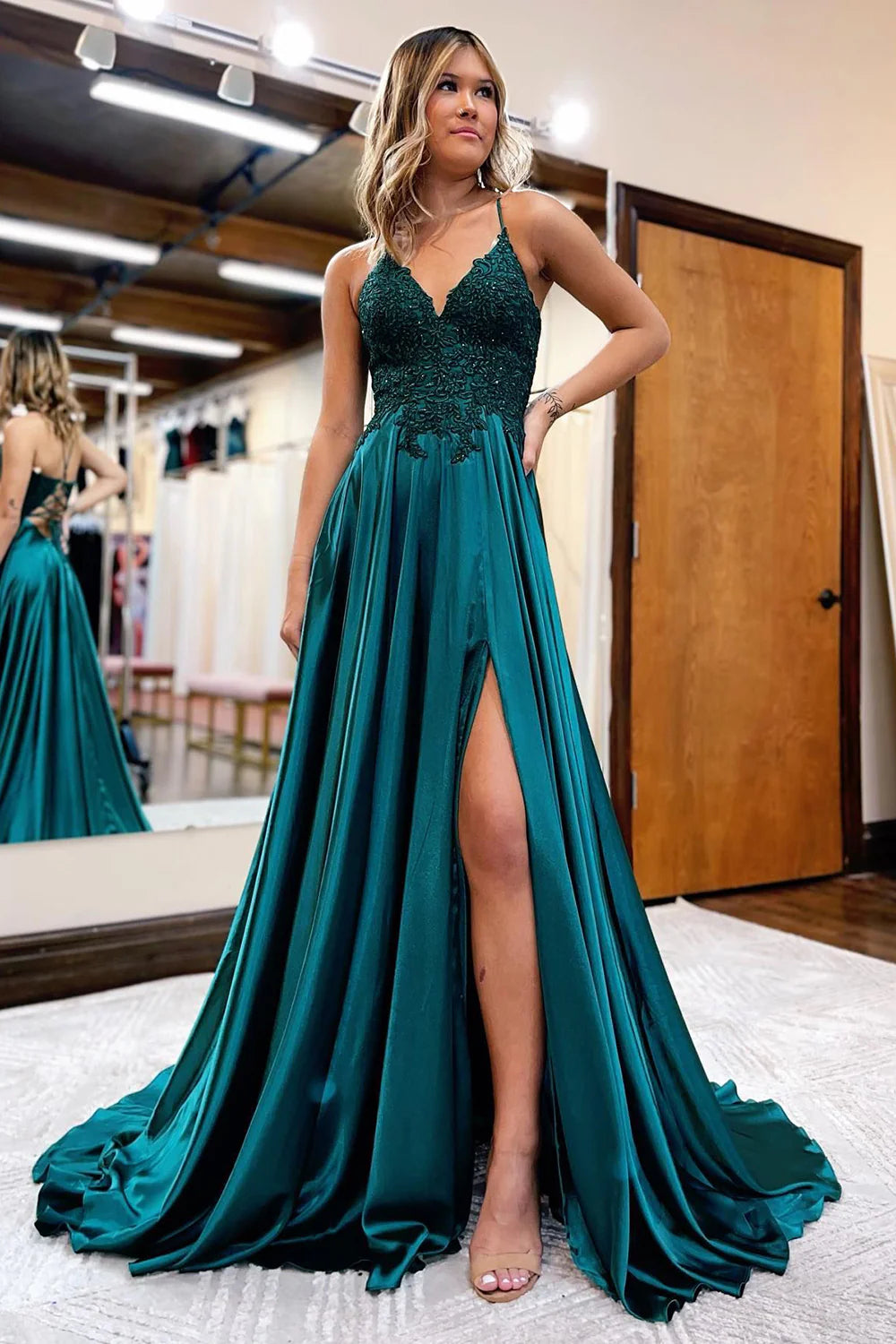 A Line Spaghetti Straps Appliques Green Long Prom Dress Wtih Slit