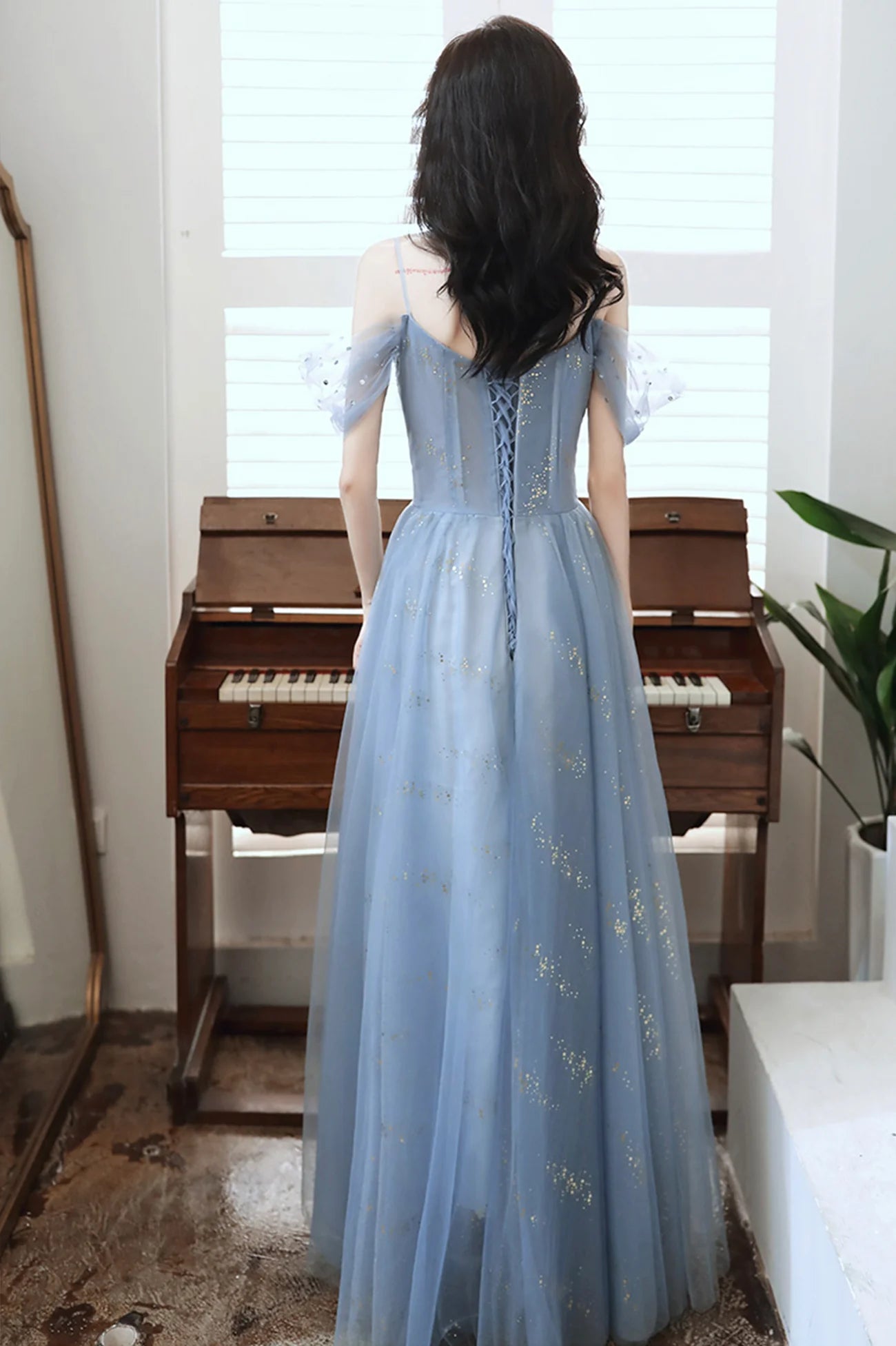 A Line Spaghetti Straps Beaded Tulle Blue Long Prom Dress Evening Dress
