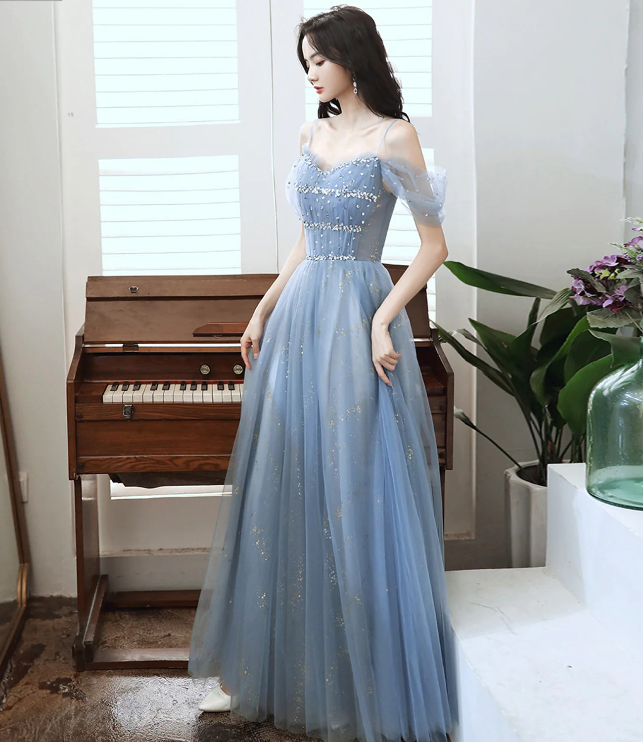 A Line Spaghetti Straps Beaded Tulle Blue Long Prom Dress Evening Dress