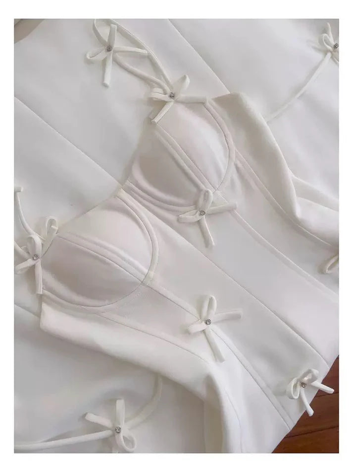A Line Spaghetti Straps Bow Satin White Long Evening Dress Party Dress