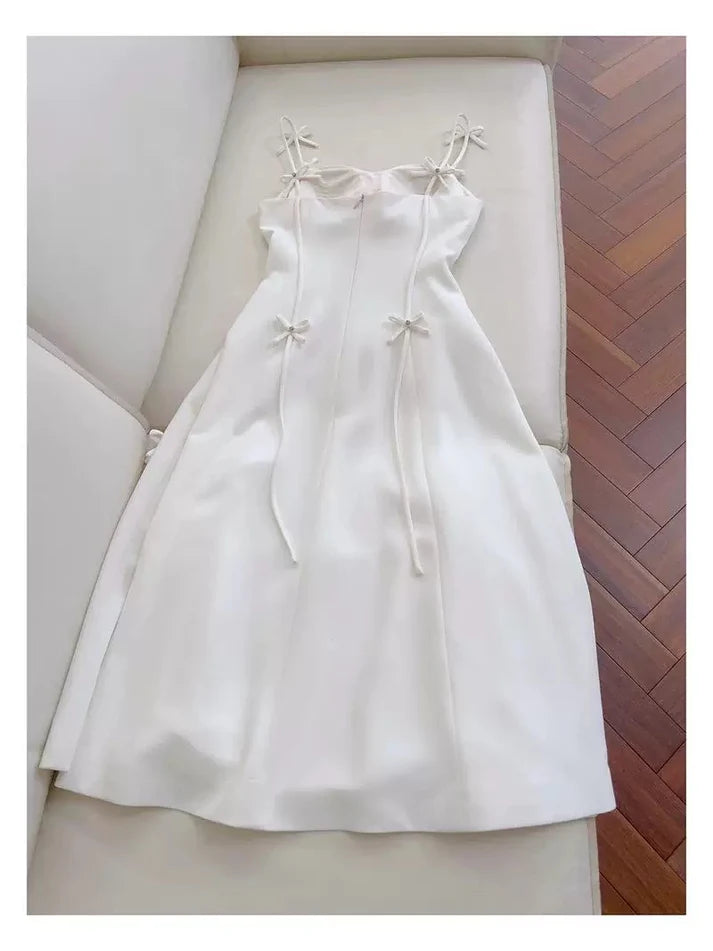 A Line Spaghetti Straps Bow Satin White Long Evening Dress Party Dress