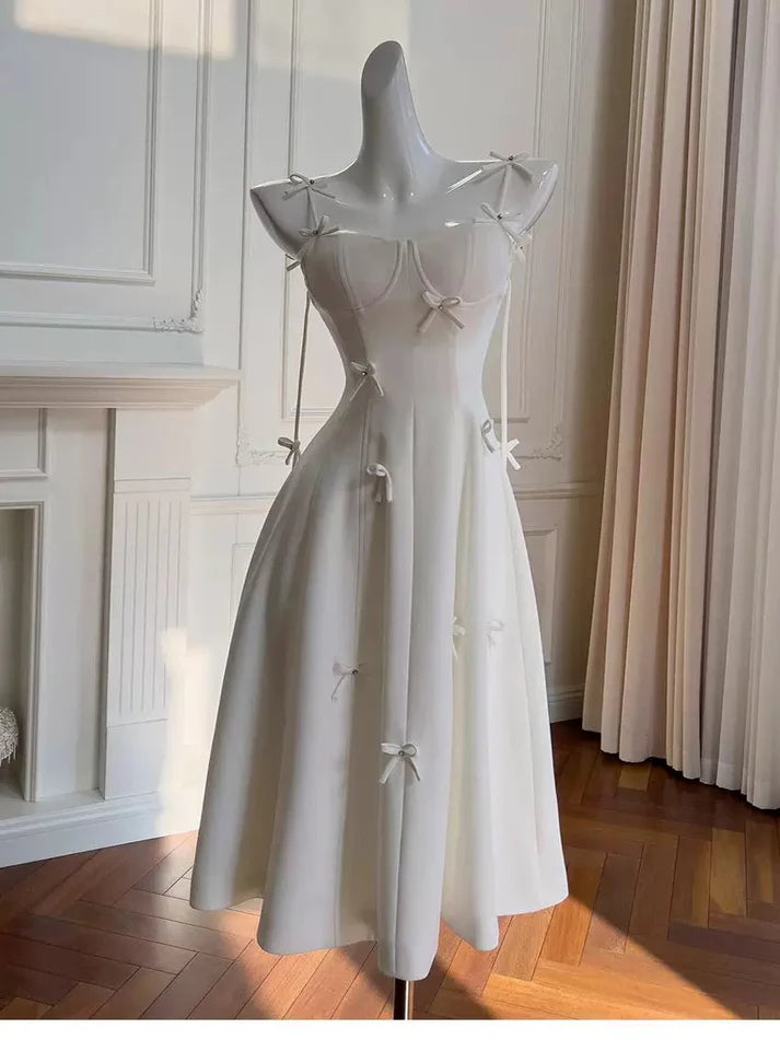 A Line Spaghetti Straps Bow Satin White Long Evening Dress Party Dress