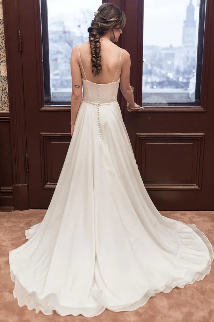 Charming A Line Spaghetti Straps Wedding Dress Chiffon White Long Prom Dress