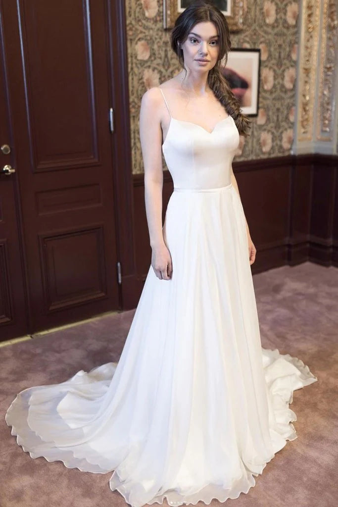Charming A Line Spaghetti Straps Wedding Dress Chiffon White Long Prom Dress