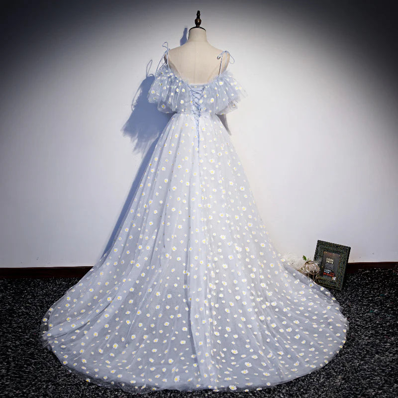 A Line Spaghetti Straps Floral Print Tulle Blue Long Prom Dress
