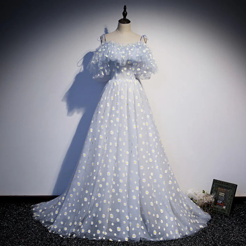 A Line Spaghetti Straps Floral Print Tulle Blue Long Prom Dress