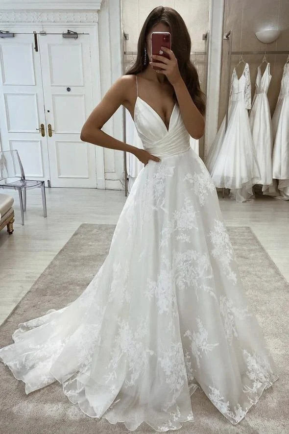 A Line Spaghetti Straps Lace Tulle White Long Prom Dress Evening Dress