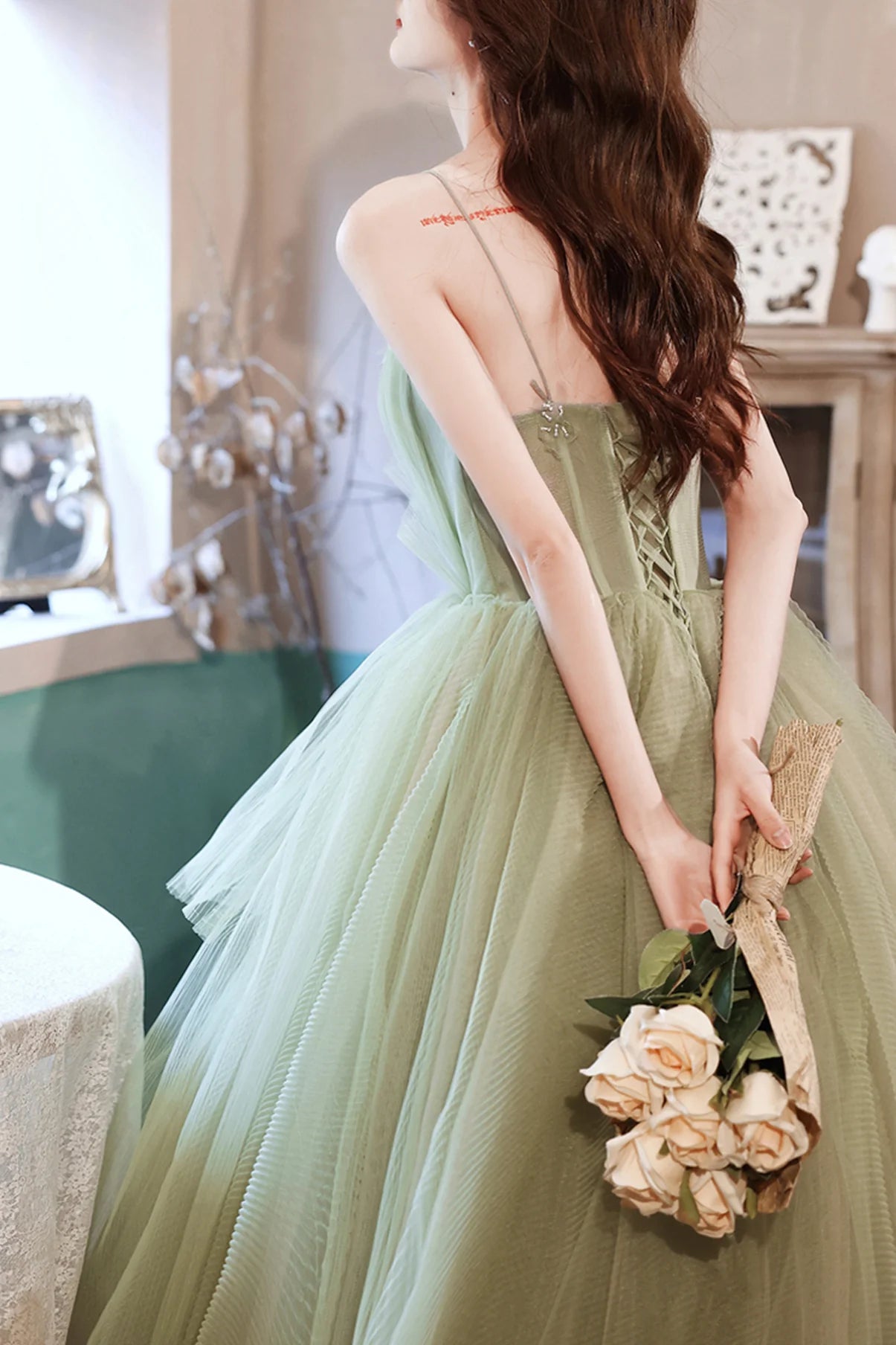 A Line Spaghetti Straps Layers Tulle Green Long Prom Dress Evening Dress