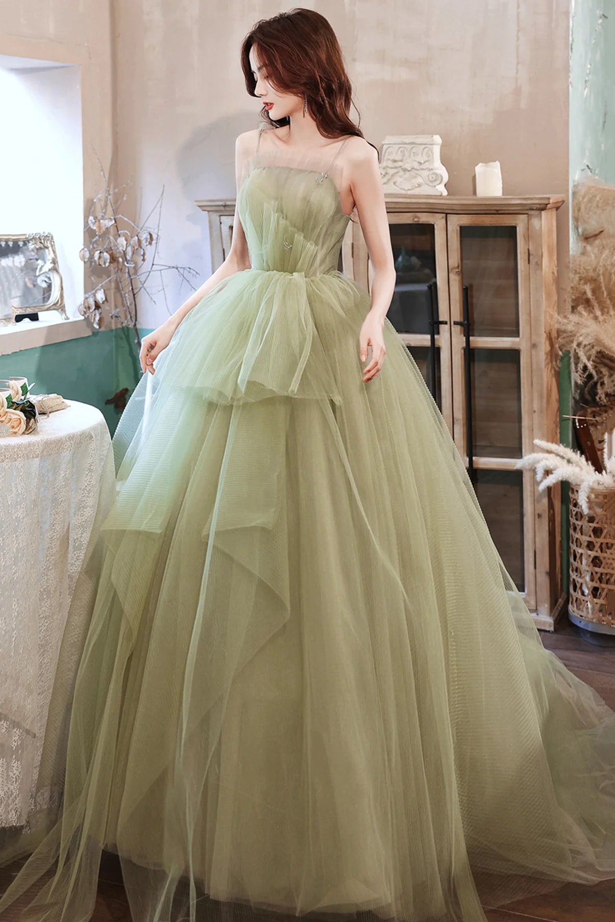A Line Spaghetti Straps Layers Tulle Green Long Prom Dress Evening Dress