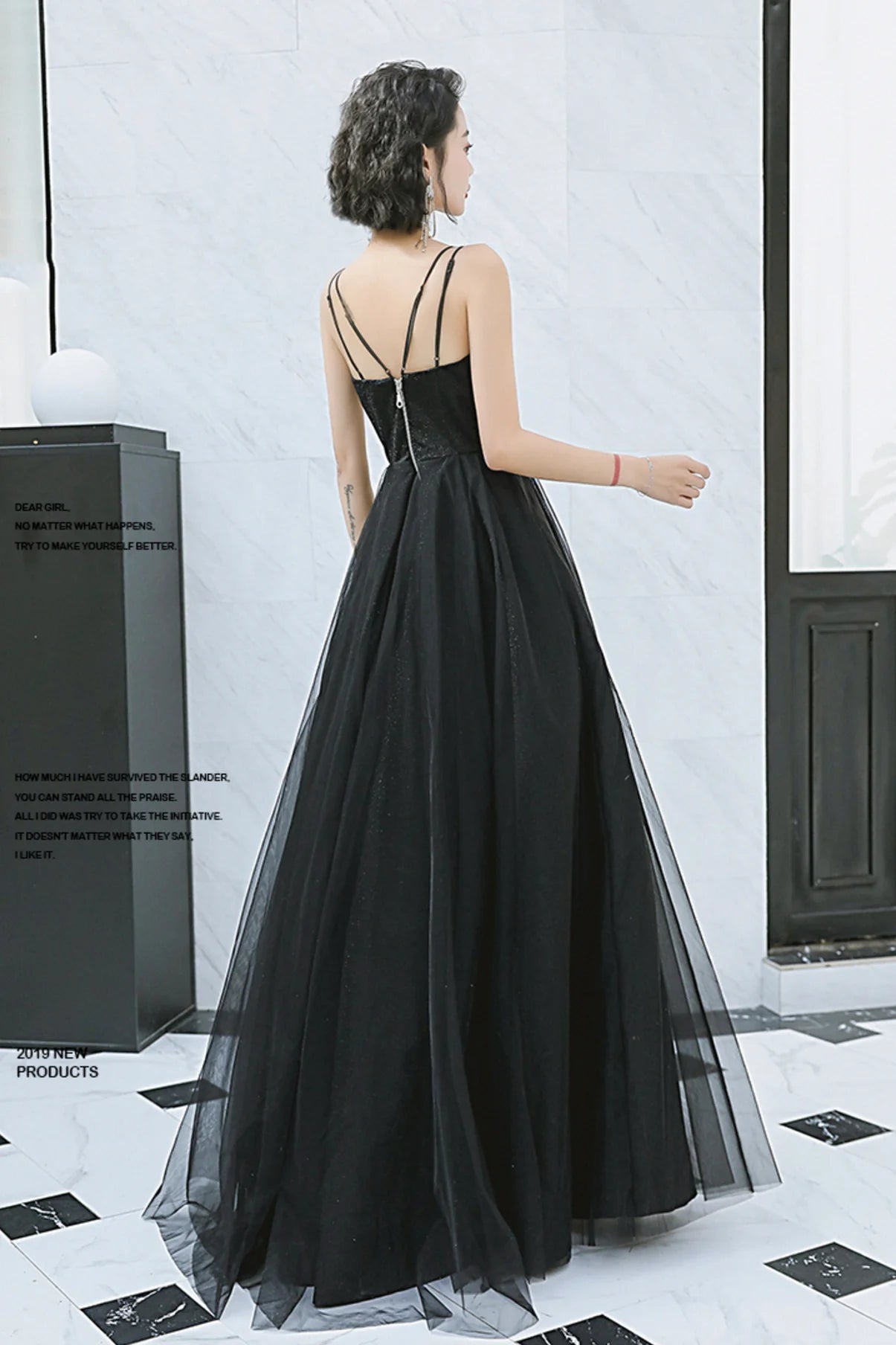 A Line Spaghetti Straps Tulle Black Long Prom Dress Evening Dress