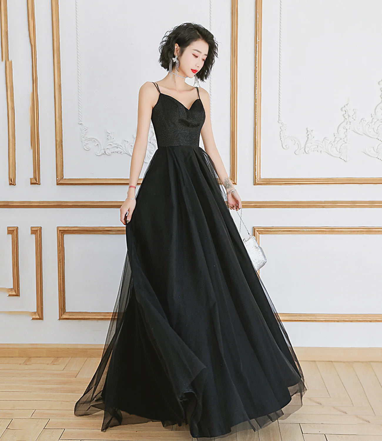 A Line Spaghetti Straps Tulle Black Long Prom Dress Evening Dress