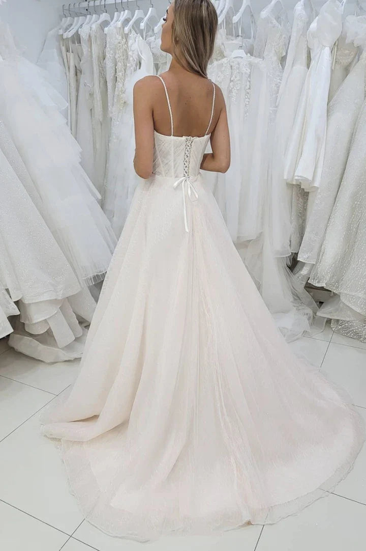 A Line Spaghetti Straps Tulle Lace Champagne Long Prom Dress Evening Dress