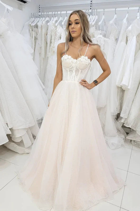 A Line Spaghetti Straps Tulle Lace Champagne Long Prom Dress Evening Dress