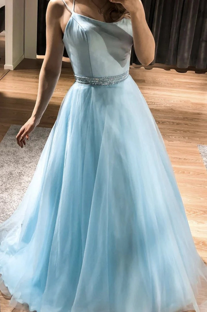 A Line Spaghetti Straps Tulle Satin Blue Long Prom Dress Evening Dress