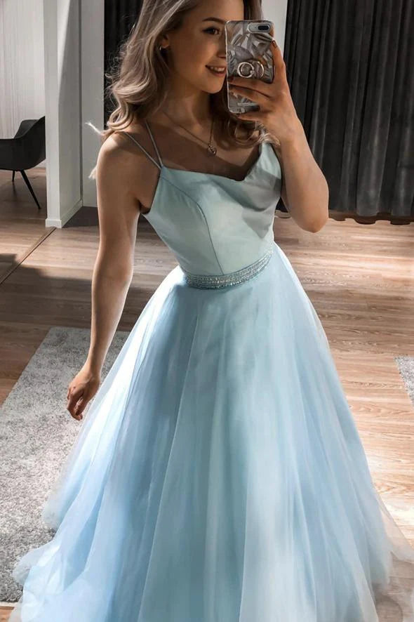 A Line Spaghetti Straps Tulle Satin Blue Long Prom Dress Evening Dress