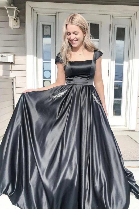 A Line Square Neck Beaded Satin Black Long Prom Dress With Pockets